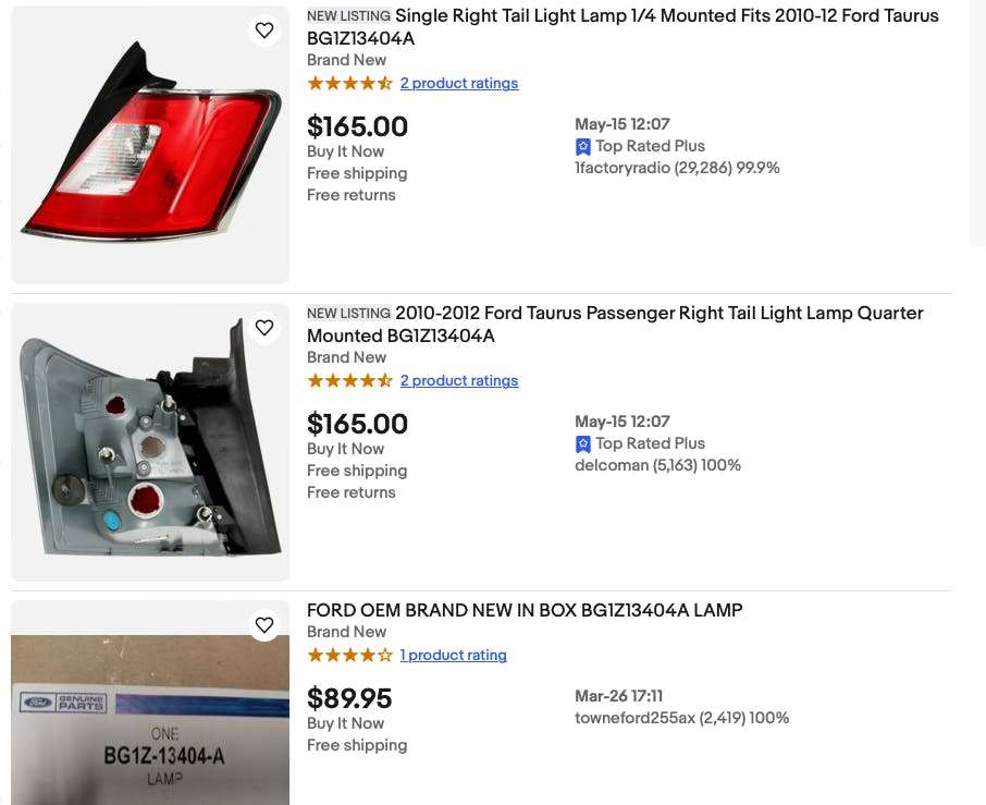 eBay screen shot car parts